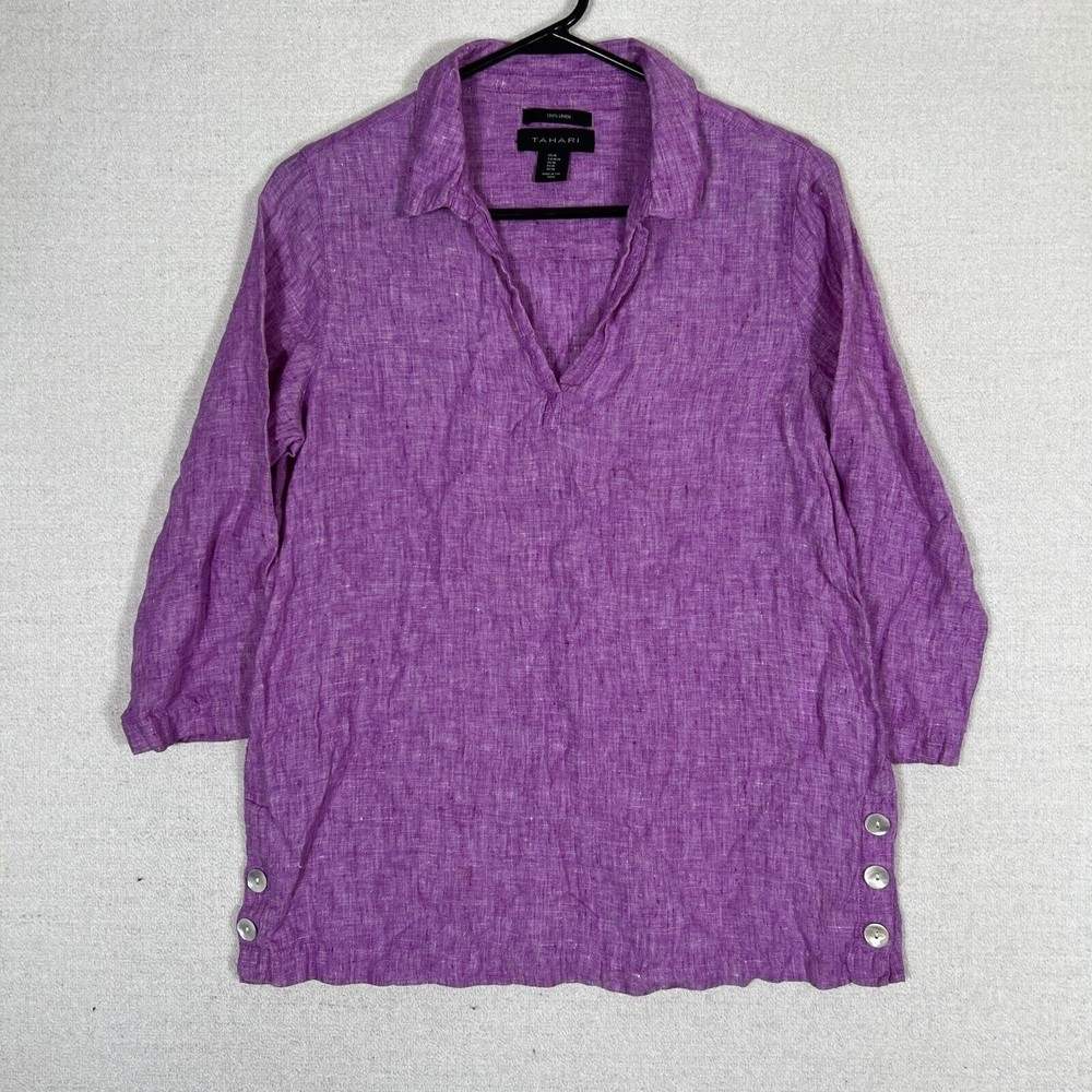 Tahari 100% Linen Top Womens Medium V-Neck 3/4 Sleeve Lagenlook